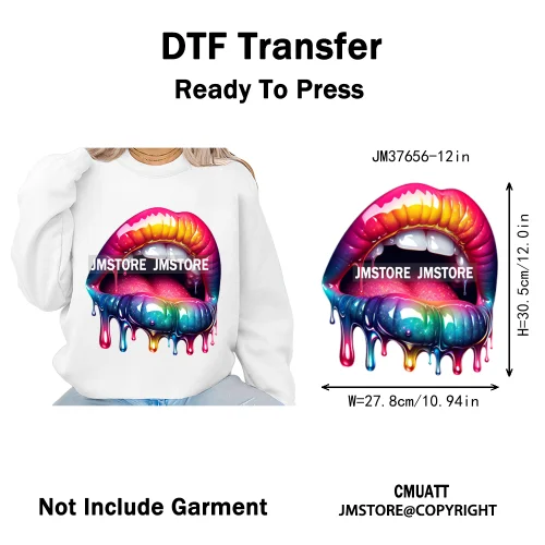12in Glossy Dripping Lips Streetwear Graffiti Trap Girls Iron on DTF Thermal Transfer Stickers Ready to Press for Woman Clothing