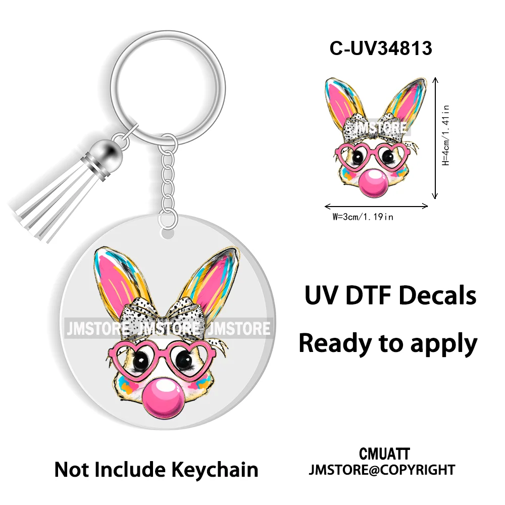 Faux Sequin Glitter Happy Easter Bow Retro Easter Bunny Blowing Bubble UV DTF Stickers for Round Circle Acrylic Keychain Keyring