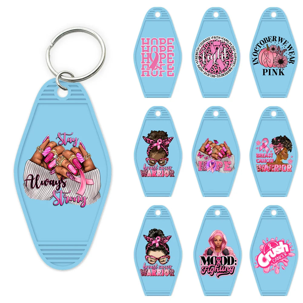 Breast Cancer Warrior Messy Bun High Quality WaterProof UV DTF Sticker For Motel Hotel Keychain Pink Awareness Ribbon