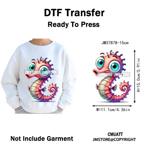 15cm 5.9in Cute Sea Underwater Animal Quirky Fish Octopus Decals Washable Iron On DTF Heat Transfers Stickers For Kids T-Shirts
