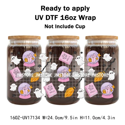 Spooky Season Halloween Pumpkin Ghost Witch Dogs UV DTF Wraps Transfer Sticker Selfadhesive Waterproof For 16OZ Libbey Glass Can