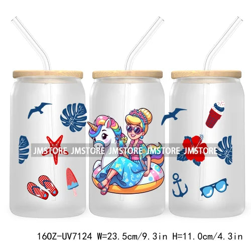 Cartoon Princess's Summer Vacation 16OZ UV DTF Cup Wrap Transfers Stickers For Libbey Glass Can Cups Tumbler Waterproof Craft