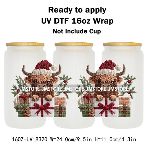 Faux Crochet Yarn Christmas Highland Cow 16OZ UV DTF Cup Wraps Ready To Apply Waterproof Transfer Stickers For Libbey Glass Can