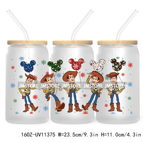 Cute Kids Cartoon Character With Christmas Lights Tree Xmas Holiday UV DTF Transfer 16OZ Libbey Glass Can Wrap Ready to Apply