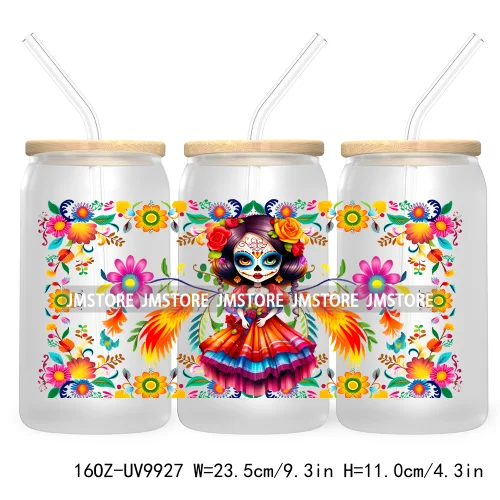 New Mexican Sugar Skull Girl UV DTF Sticker For 16OZ Libbey Glass Cup Can Wrap Transfer Stickers Custom Labels Day Of The Dead