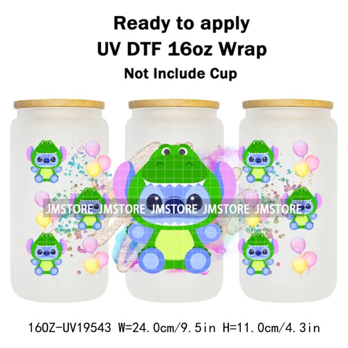 Watercolor Cartoon Character In Costumes UV DTF Wraps Ready To Apply Transfer Stickers Waterproof For 16OZ Libbey Glass Can Mugs