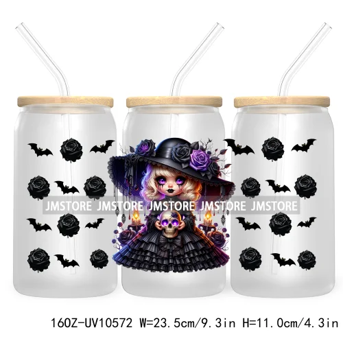 Gothic Girl Gnomes Halloween 16OZ UV Cup Wrap DTF Transfer Stickers For Libbey Glass Can Cups Tumbler Labels Spooky Bats Witch