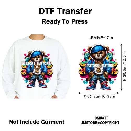 12in Colorful Graffiti Urban Stree Vibes Fearless Gangster Bear Washable Iron on DTF Transfer Sticker Ready to Press for Clothes