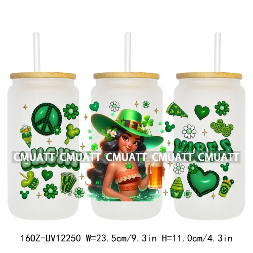 Happy St Patricks Cartoon Princess Characters Feeling Lucky Four Leaf Clover 16OZ UV DTF Cup Wrap Sticker For Libbey Glass Can