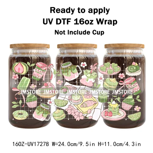 Coquette Green Tea Iced Matcha Latte UV DTF Wrap Transfer Sticker Selfadhesive Waterproof High Quality For 16OZ Libbey Glass Can