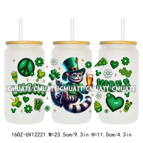 Cartoon Princess Girls St Patricks' Day Lucky Vibes 16OZ UV DTF Cup Transfer Wrap Sticker Waterproof Logos For Libbey Glass Can