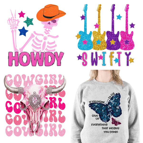 Iron On Faux Glitter Sequins Western Howdy Cowgirl Get Your Boots On DTF Plastisol Transfer Sticker Ready To Press For Clothing