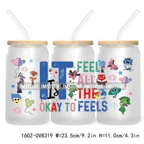 It's Okay To Feel All The Feels UV DTF Cup Wrap For 16OZ Glass Cup Can Transfer Stickers Custom Label Logo Inside Out Characters