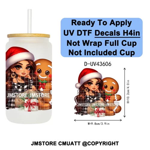 Mexican Girl Christmas Gingerbread UV DTF Cup Decals Ready To Apply Transfer Stickers Durable Custom Labels For Libbey Glass Can