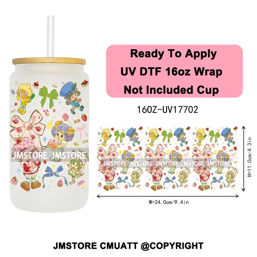 90s Cartoon Strawberry Characters Coquette Bow 16OZ UV DTF Cup Wraps Ready To Apply Transfer Stickers For Libbey Glass Can Mugs