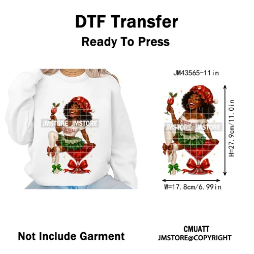 Wine Christmas Black Girls Santa Cheer Winter Holiday Party Iron on Washable DTF Transfers Stickers Ready to Press for Textiles