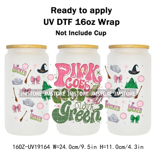 Coquette Green Pink Wicked Witch 16OZ UV DTF Cup Wraps Ready To Apply Waterproof Transfer Stickers For Libbey Glass Can Tumbler