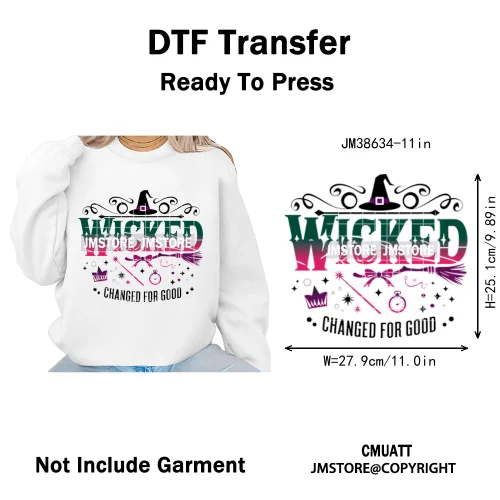 Witch Changed For Good Faux Glitter Pink and Green Movie Iron on DTF Washable Transfers Stickers Ready to Press for Clothes Bags