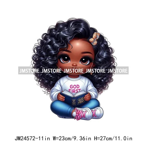 Cute God First Chibi Black Baby Girl Afro Magic Kids Coffee Woman Iron On DTF Transfer Stickers Ready To Press For Clothes Bags