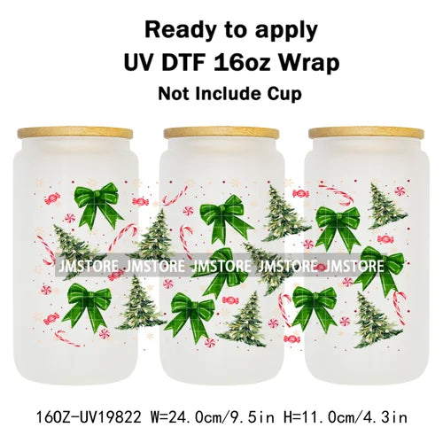 Coquette Christmas Tress Jingle Bells UV DTF Transfer Sticker Cup Tumbler Wrap DIY Labels For 16OZ Libbey Glass Bottle Mug Wraps