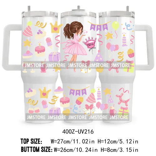 40OZ Tumbler Wrap Birthday Girl Cake Party UV DTF Cup Wraps Transfer Stickers Custom Labels Waterproof Logo Cute Queen Princess