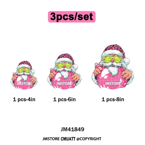 Pink Cartoon Glasses Coffee Drink Leopard Blowing Santa Claus Christmas Iron on DTF Transfer Stickers Ready to Press for T-shirt