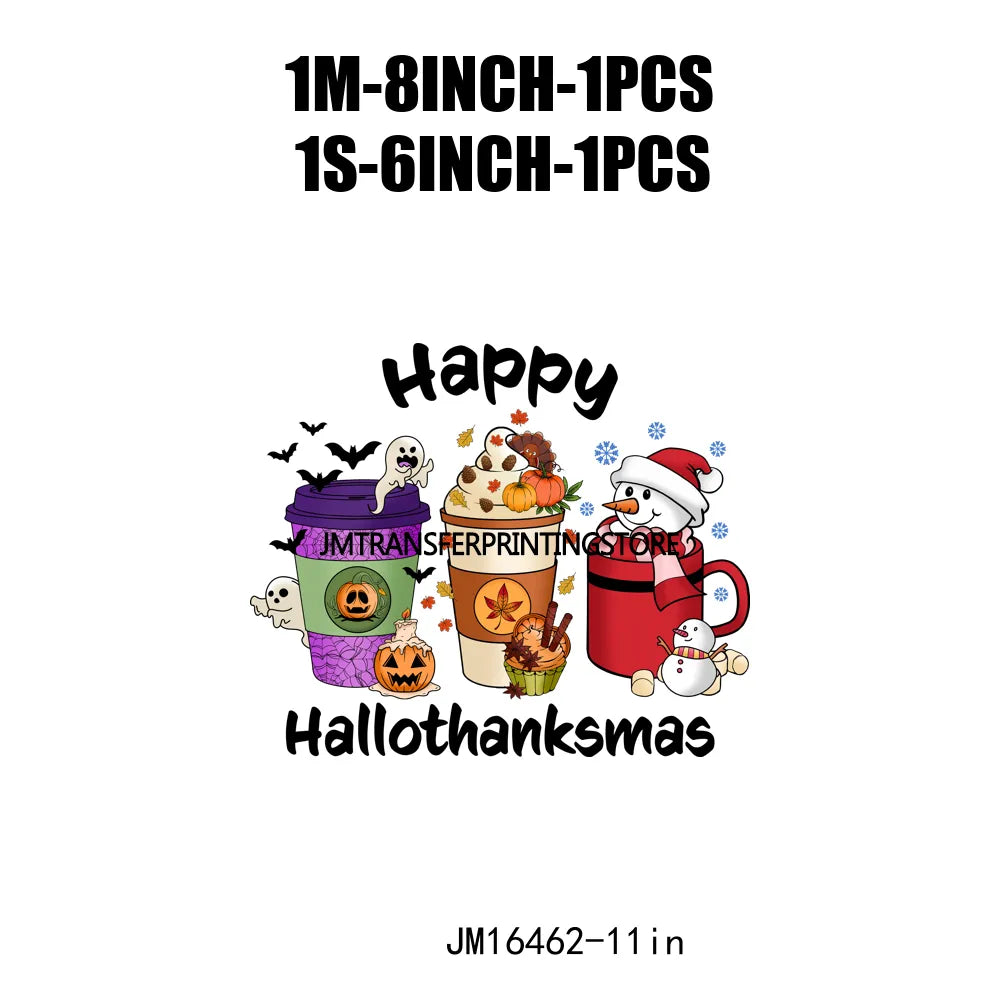 Eat Drink And Be Thankful Hallothanksmas Decals Santa Gnome Coffee Cup Animal Pumpkin Iron On DTF Transfer Sticker For Clothing