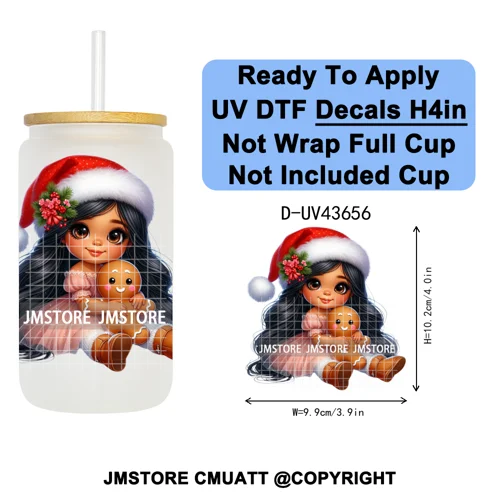 Floral Christmas Latina Chibi Girl UV DTF Transfer Stickers Decals Ready To Apply Good Quality Prints For Libbey Cold Cup Mugs