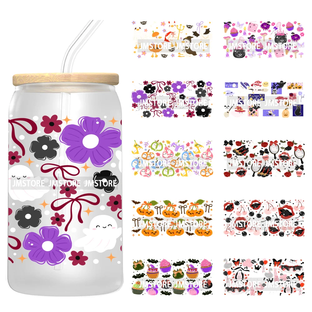 Floral Ghost Coquette Halloween Cherry Lip 16OZ UV DTF Cup Wraps Ready To Apply Waterproof Transfer Sticker For Libbey Glass Can