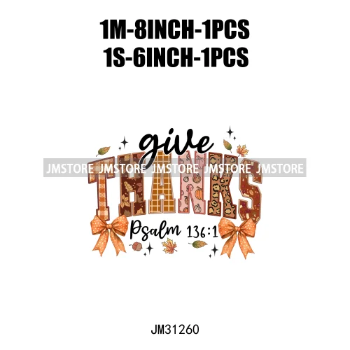 Thanksgiving Coquette Bow Pumpkin Cute Turkey Quotes Give Thanks Jesus Iron On DTF Transfers Stickers Ready To Press For Shirts