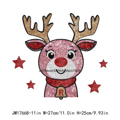 Faux Sequins Happy New Year 2024 Printing Santa Baby Reindeer Merry Christmas DTF Transfer Stickers Ready To Press For Hoodies