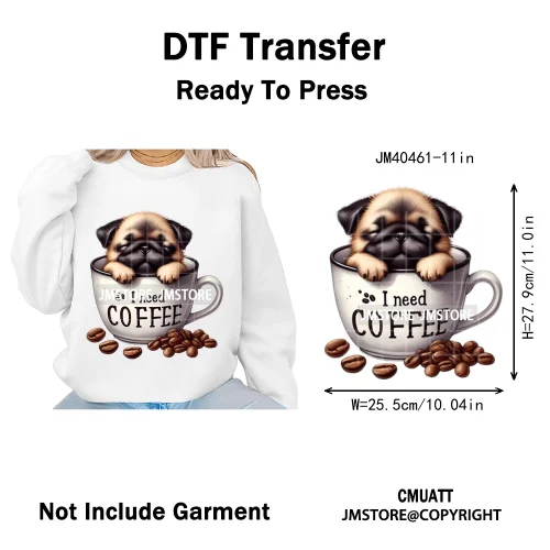 Funny Cartoon Pet Puppy Small Sleeping Cozy Coffee Dogs Lover Iron on DTF Washable Transfers Sticker Ready to Press for Clothing