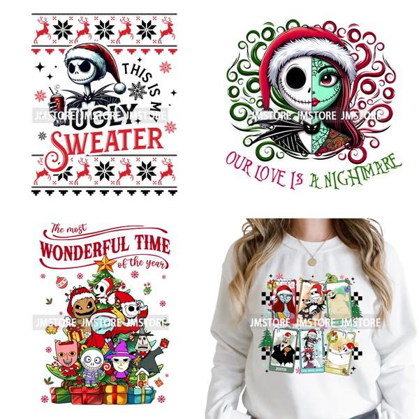 New Nightmare Horror Christmas Movie Characters Lover Iron on Washable DTF Heat Transfers Stickers Ready to Press for Clothes