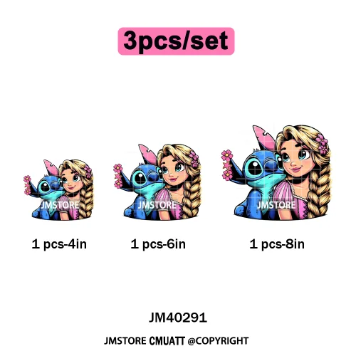 Cute Cartoon Blue Animal Princess Best Friends Designs Iron on DTF Washable Transfers Stickers Ready to Press for Clothing Bags