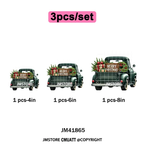 Christmas Pickup Truck Car Winter Tree Snowy Holiday Decoration Iron on DTF Heat Transfers Stickers Ready to Press for Clothing