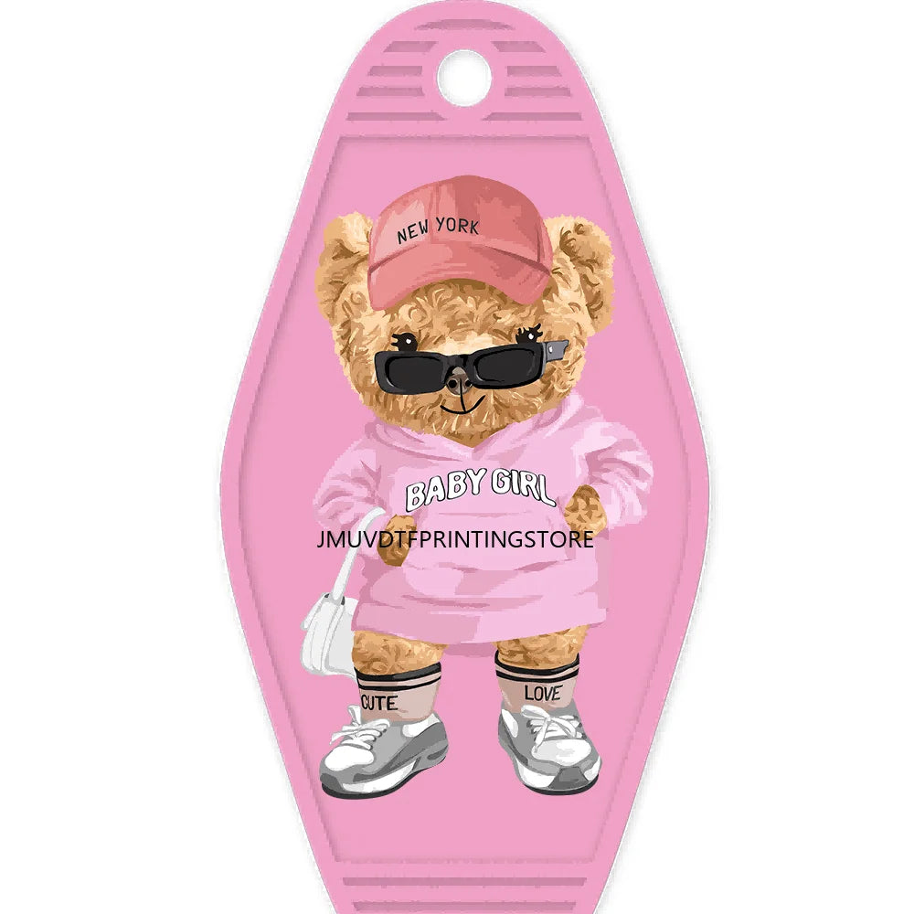 Cute Pink Teddy Bear Girl High Quality WaterProof UV DTF Sticker For Motel Hotel Keychain Brown Bears Baseball