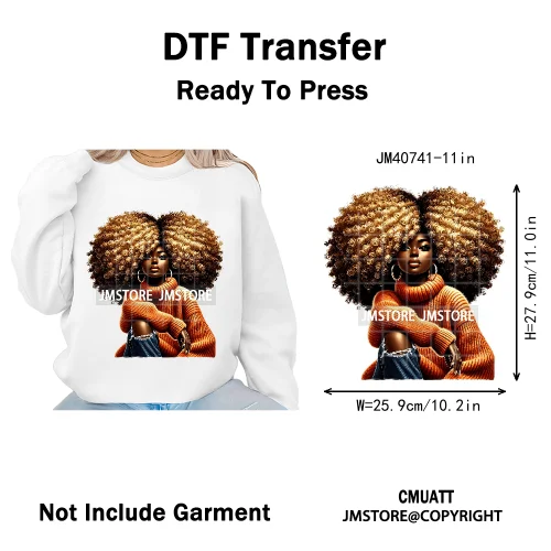 Sassy Curly Afro Women Fashion Hairstyle Urban Melanin Girls Iron on DTF Washable Transfers Stickers Ready to Press for Textile