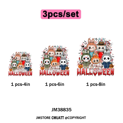 Cute Checkered Spooky Doll Monster Characters Halloween Iron on DTF Washable Heat Transfers Stickers Ready to Press for Textile