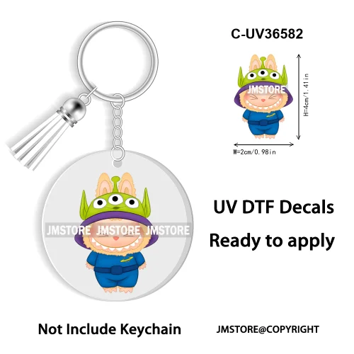 Coquette Bow Cartoon Monsters Doll In Costume Decal Round Keychain Ready To Apply UV DTF Transfer Stickers For Circle Keychain