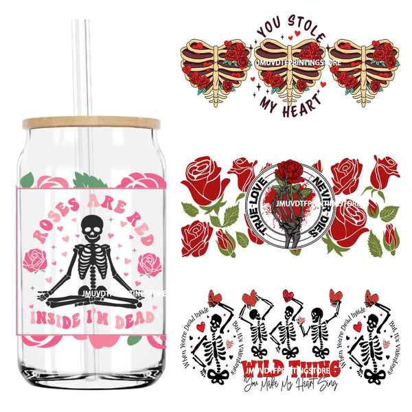 Valentine's Day Skull Skeletion Flower UV DTF Sticker For 16OZ Libbey Glass Cup Can Wrap Transfer Sticker Custom Labels DIY Logo