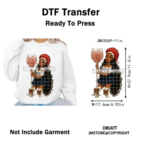 Wine Christmas Black Girls Santa Cheer Winter Holiday Party Iron on Washable DTF Transfers Stickers Ready to Press for Textiles
