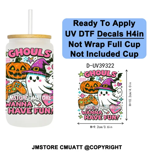 Stay Spooky Halloween Horror Pumpkin Coquette UV DTF Decals Ready To Apply Waterproof Transfer Sticker For 16OZ Libbey Glass Can
