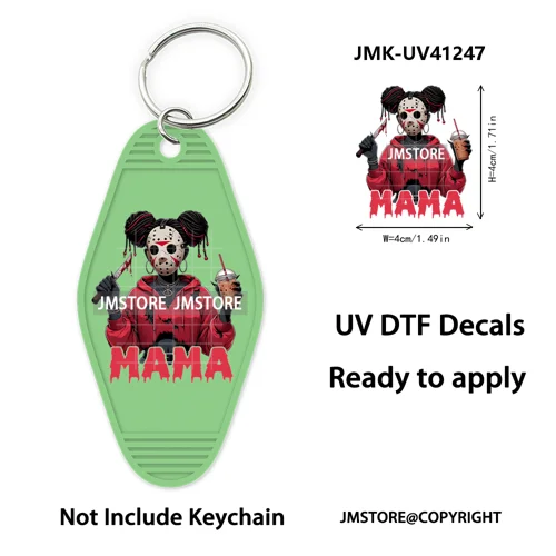 Black Girl Halloween Spooky Horror Mama UV DTF Motel Keychain Wraps Ready To Apply Waterproof High Quality Hotel Keychain Decals