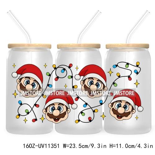 Cute Kids Cartoon Character With Christmas Lights Tree Xmas Holiday UV DTF Transfer 16OZ Libbey Glass Can Wrap Ready to Apply