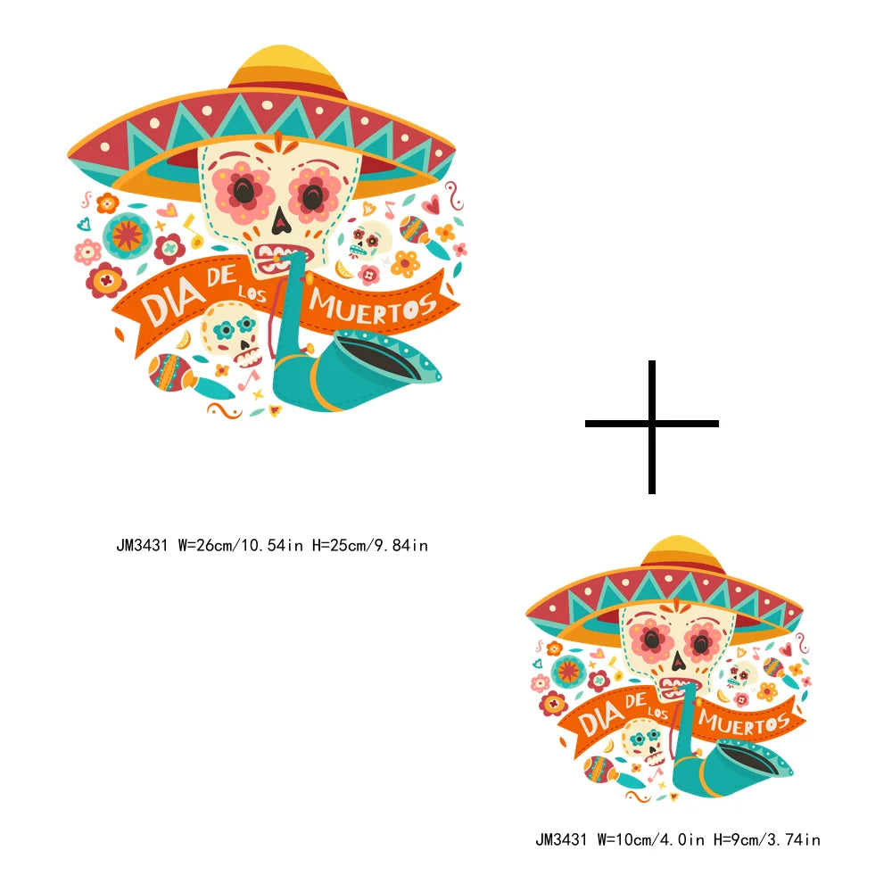 High Quality Mexican Day of the Dead DIY Heat Transfer Iron On Decals Clothes Logo Sticker Washable Thermal Printing Patch