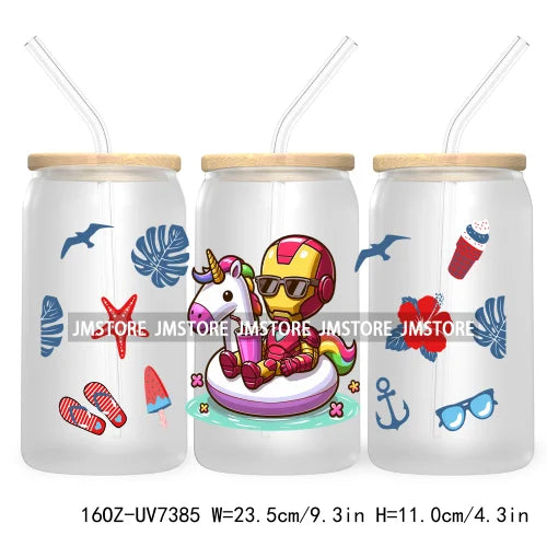 Hero Cartoon Summer Vacation 16OZ UV DTF Cup Wrap Transfers Stickers Custom Labels Durable Waterproof Logo For Libbey Glass Can