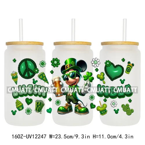 Happy St Patricks Cartoon Princess Characters Feeling Lucky Four Leaf Clover 16OZ UV DTF Cup Wrap Sticker For Libbey Glass Can