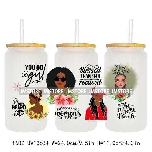 Lady Girl Power Black Woman Affirmations UV DTF Wraps Transfer Sticker Waterproof High Quality For 16OZ Libbey Glass Can Tumbler