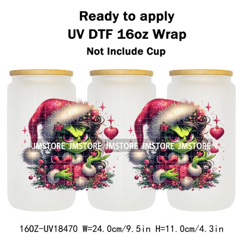 Faux Glitter Christmas Girl Green Guy UV DTF Stickers Ready To Apply Cup Wrap Custom Labels DIY Craft For Libbey Glass Can Mugs