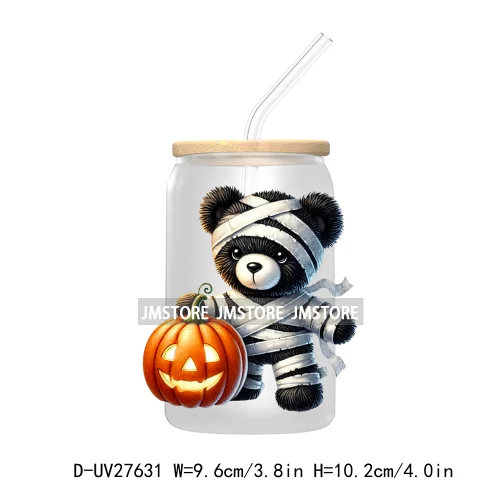 Spooky Halloween Horror Bear UV DTF Transfer Stickers Decals For Libbey Cold Cups Mugs Tumbler Waterproof Labels Scary Pumpkin